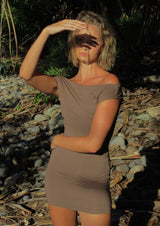 brown stretch mini dress
