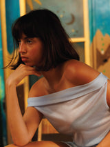 light blue sheer off shoulder dress